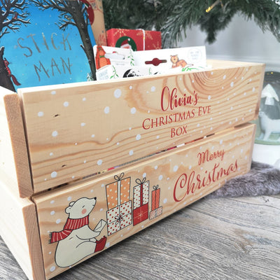 Personalised Christmas Eve Box Wooden Pine Crate - Cute Polar Bear