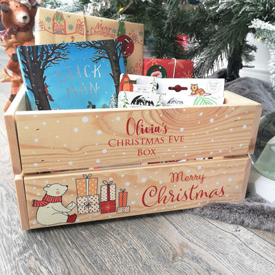 Personalised Christmas Eve Box Wooden Pine Crate - Cute Polar Bear