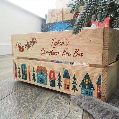 Personalised Christmas Eve Box Wooden Pine Crate - Christmas Town