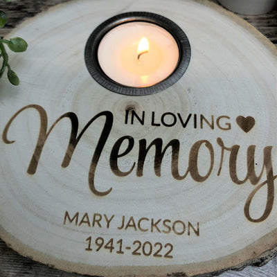 Personalised Log Slice Tealight Candle Holder - In Loving Memory