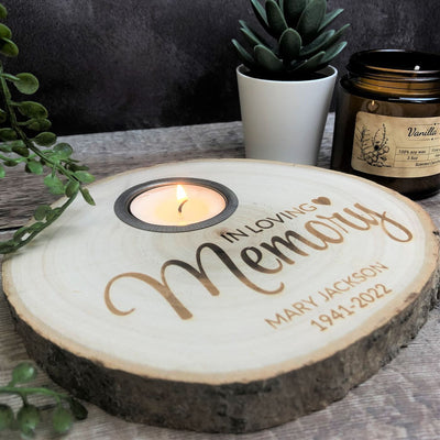 Personalised Log Slice Tealight Candle Holder - In Loving Memory