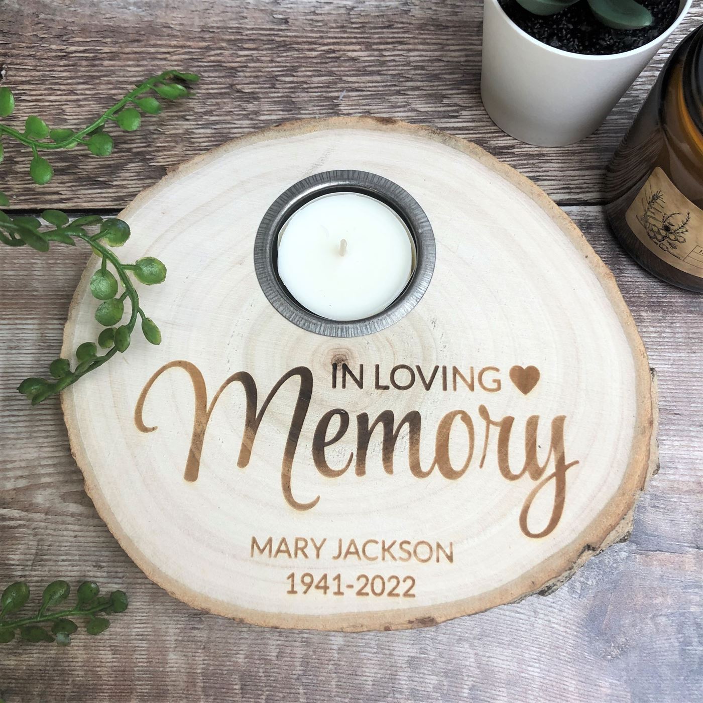 Personalised Log Slice Tealight Candle Holder - In Loving Memory
