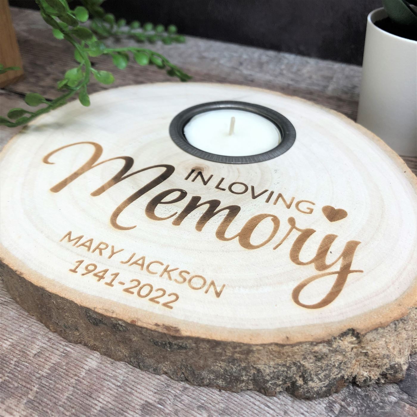 Personalised Log Slice Tealight Candle Holder - In Loving Memory