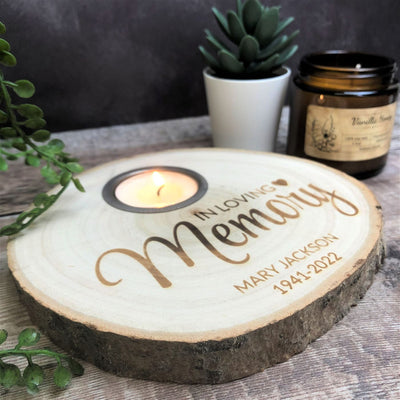 Personalised Log Slice Tealight Candle Holder - In Loving Memory