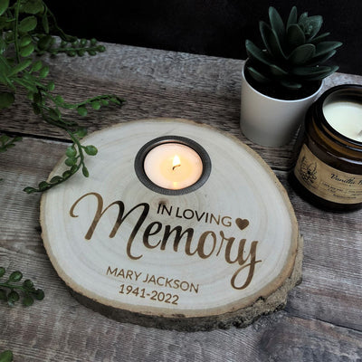 Personalised Log Slice Tealight Candle Holder - In Loving Memory