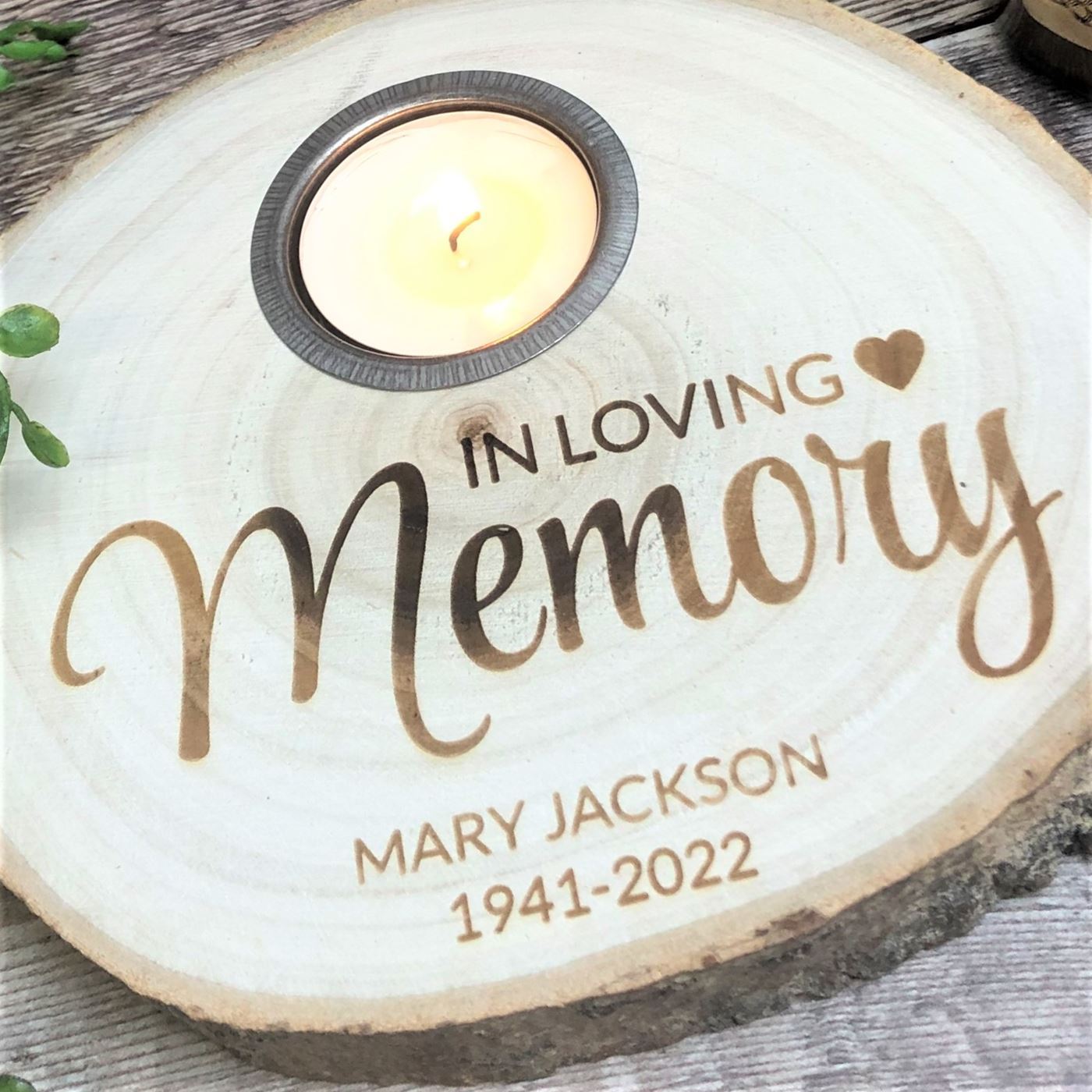 Personalised Log Slice Tealight Candle Holder - In Loving Memory
