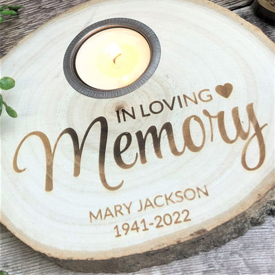 Personalised Log Slice Tealight Candle Holder - In Loving Memory