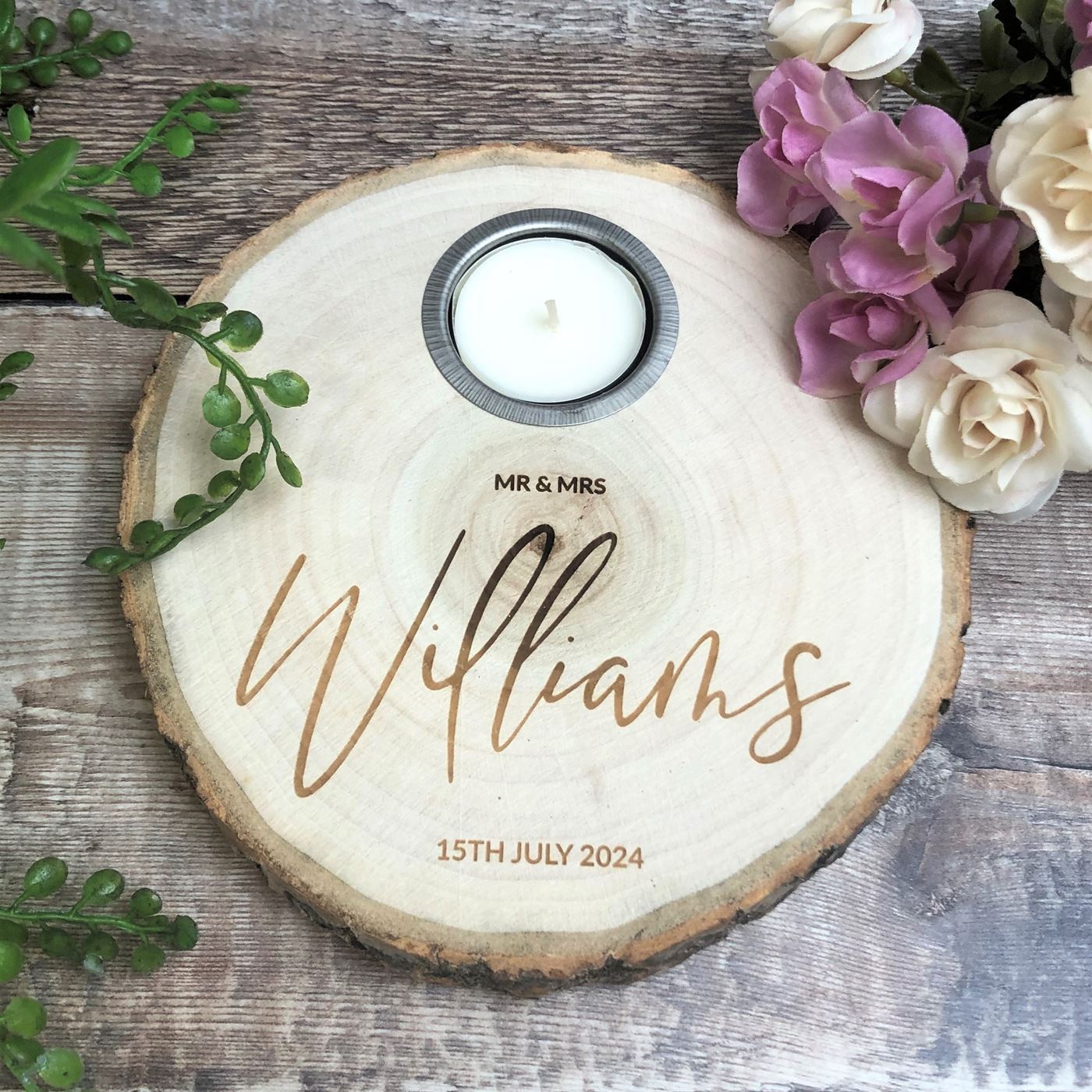 Personalised Log Slice Tealight Candle Holder - Mr & Mrs
