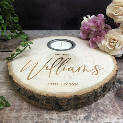 Personalised Log Slice Tealight Candle Holder - Mr & Mrs