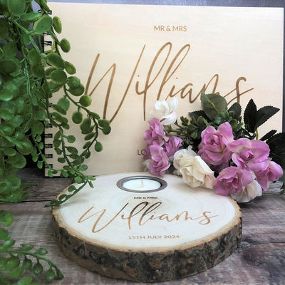 Personalised Log Slice Tealight Candle Holder - Mr & Mrs