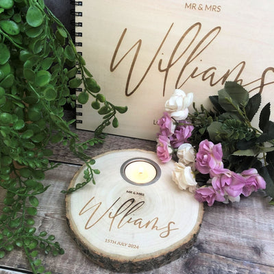 Personalised Log Slice Tealight Candle Holder - Mr & Mrs