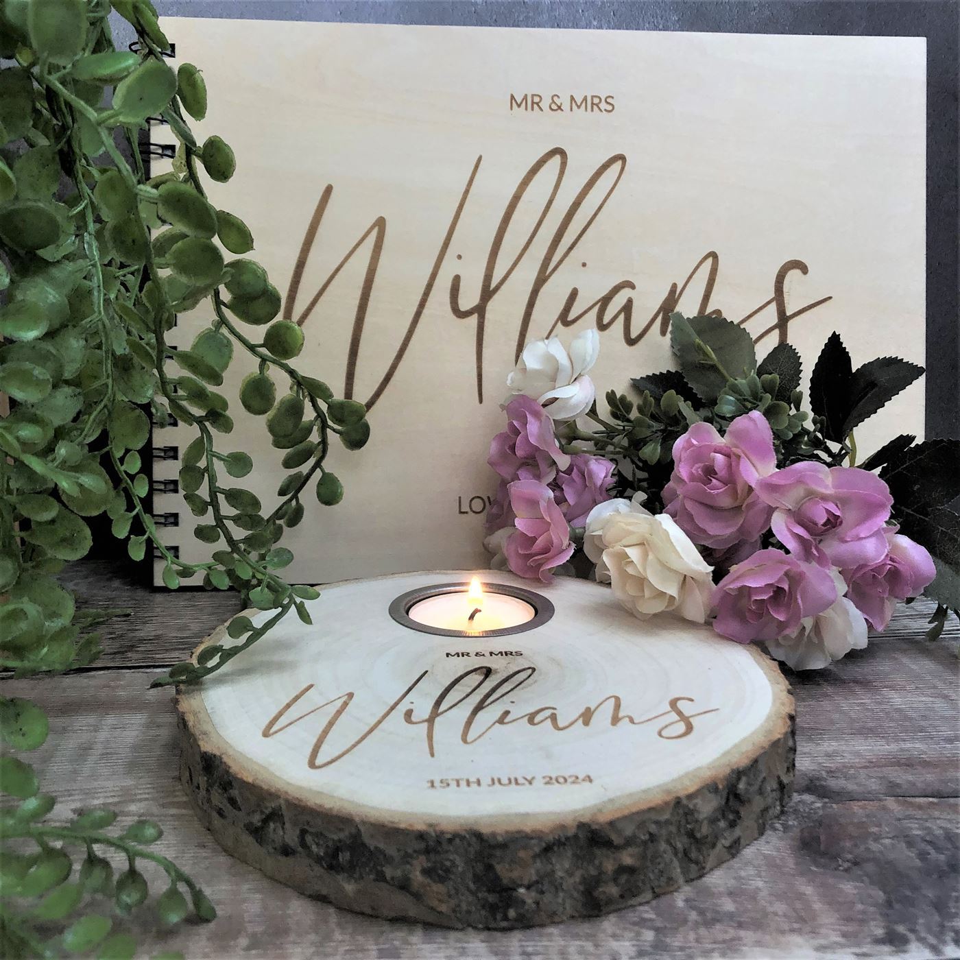 Personalised Log Slice Tealight Candle Holder - Mr & Mrs