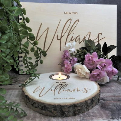 Personalised Log Slice Tealight Candle Holder - Mr & Mrs