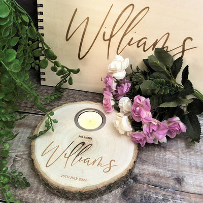 Personalised Log Slice Tealight Candle Holder - Mr & Mrs