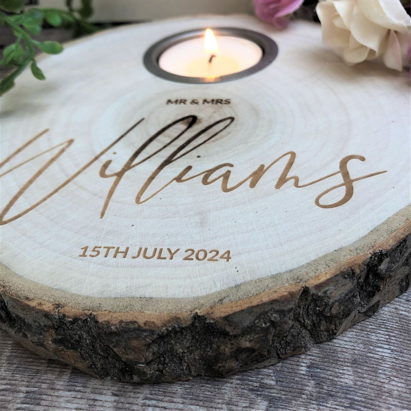 Personalised Log Slice Tealight Candle Holder - Mr & Mrs