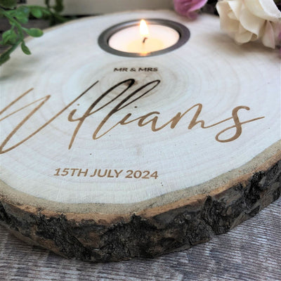 Personalised Log Slice Tealight Candle Holder - Mr & Mrs