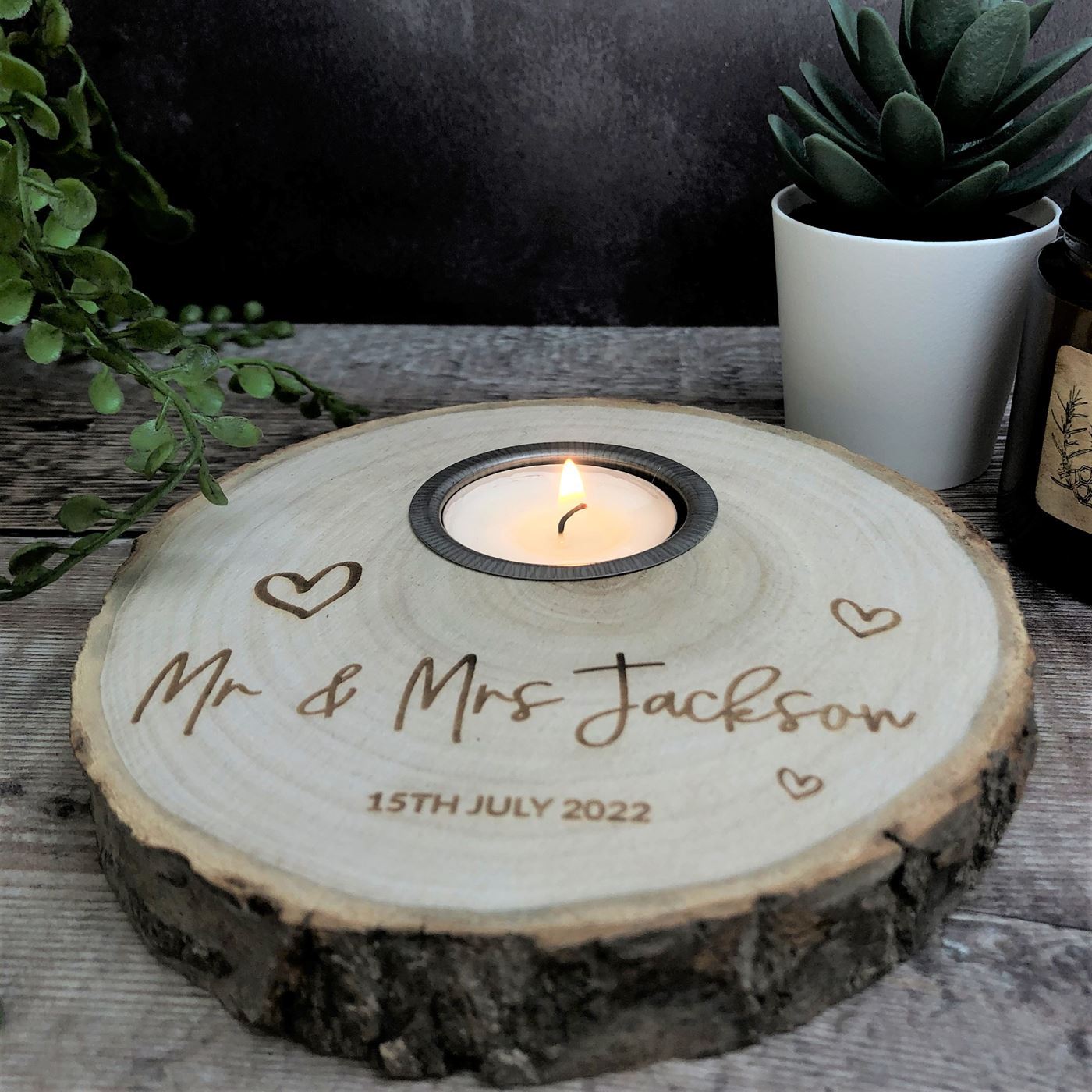 Personalised Log Slice Tealight Candle Holder - Mr & Mrs With Hearts