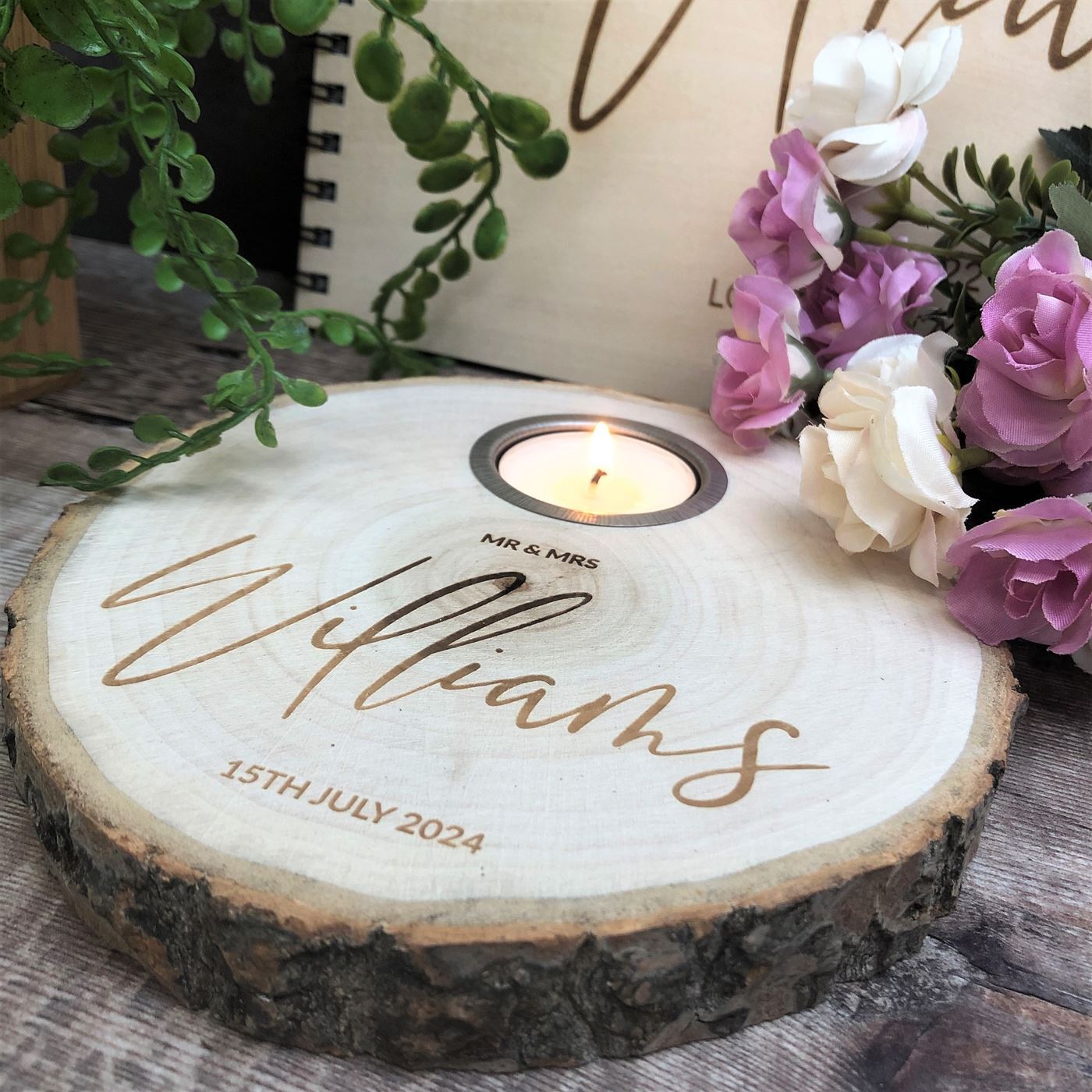 Personalised Log Slice Tealight Candle Holder - Mr & Mrs