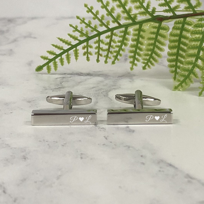 Engraved Slim Rectangular Silver Cufflinks - Initials With Heart