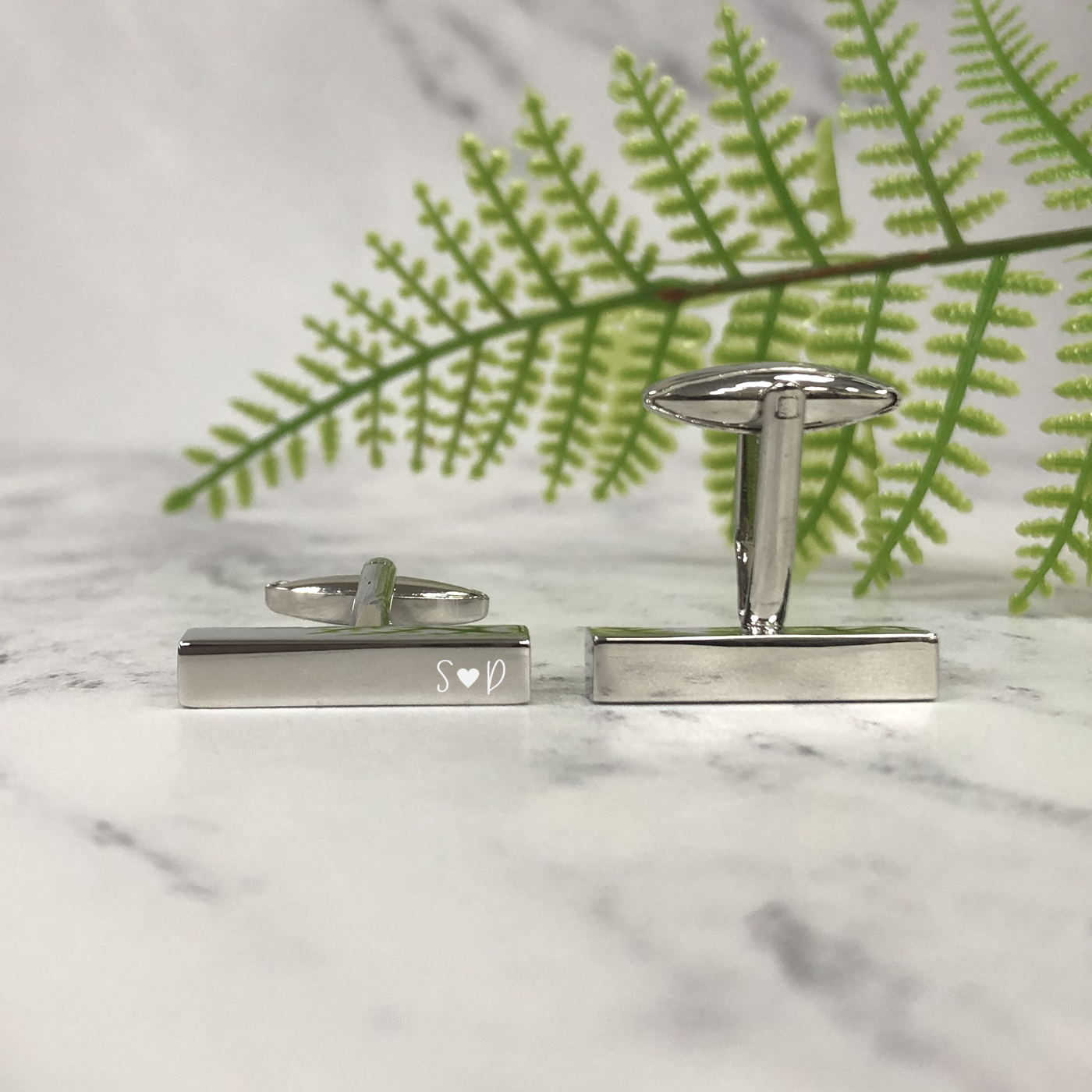 Engraved Slim Rectangular Silver Cufflinks - Initials With Heart
