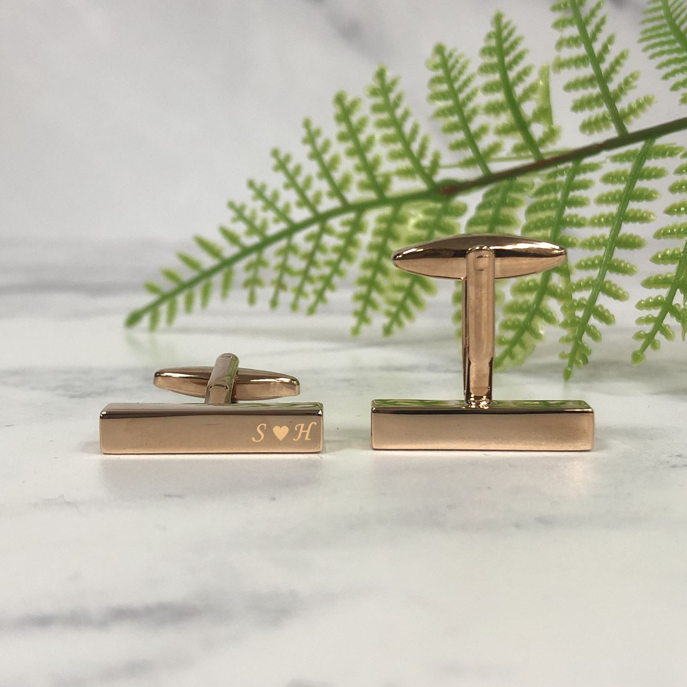 Engraved Slim Rectangular Rose Gold Cufflinks - Initials With Heart