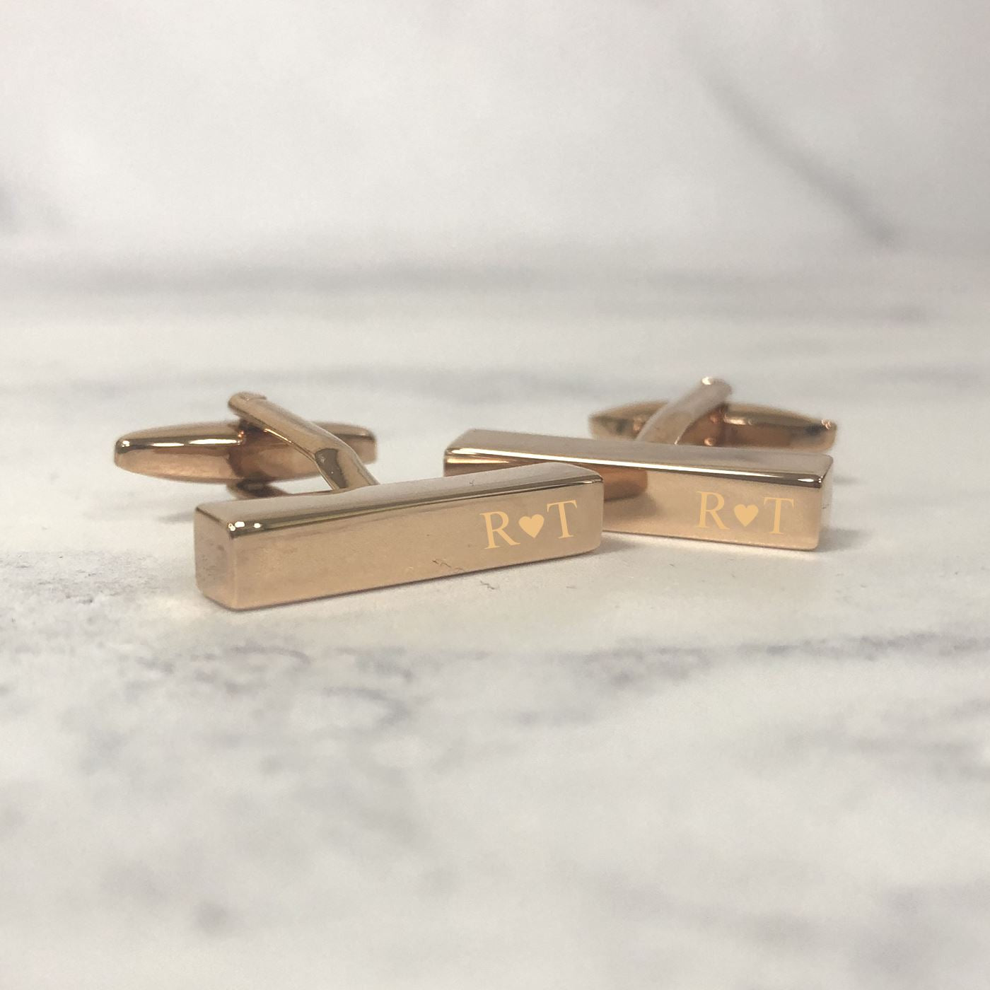 Engraved Slim Rectangular Rose Gold Cufflinks - Initials With Heart