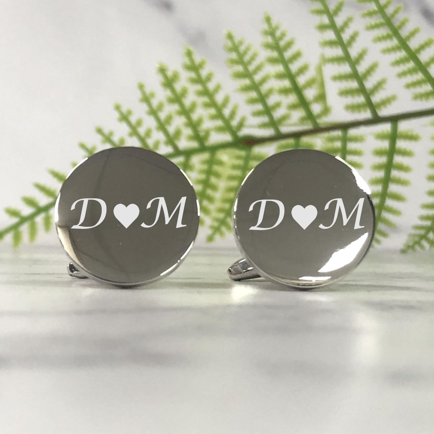 Personalised Silver Round Wedding Cufflinks - Initials & Heart