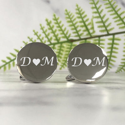 Personalised Silver Round Wedding Cufflinks - Initials & Heart