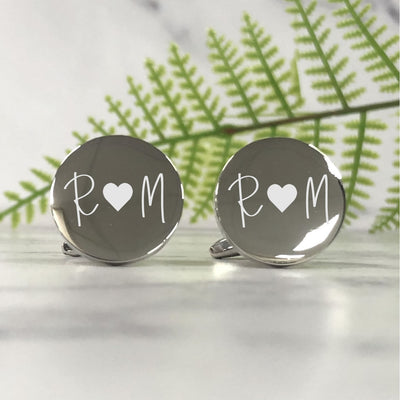 Personalised Silver Round Wedding Cufflinks - Initials & Heart