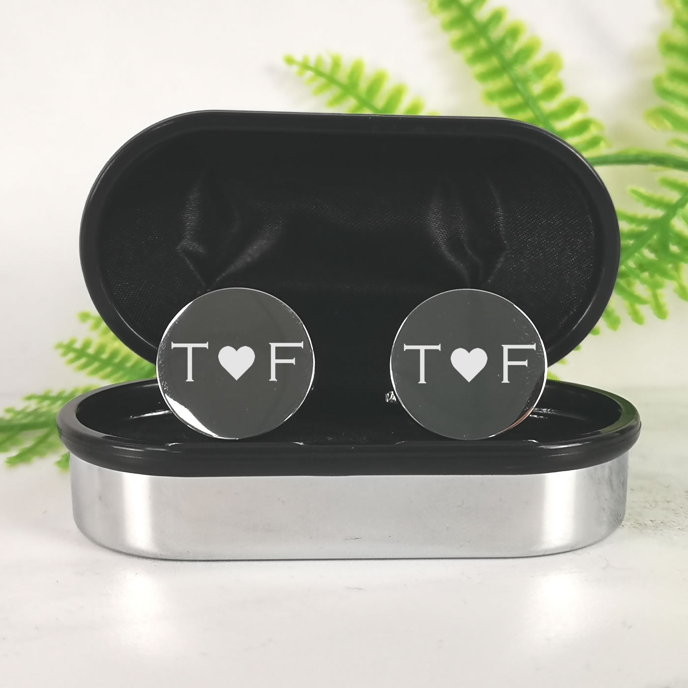 Personalised Silver Round Wedding Cufflinks - Initials & Heart