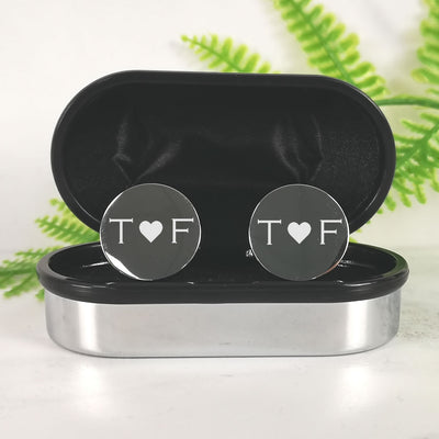 Personalised Silver Round Wedding Cufflinks - Initials & Heart