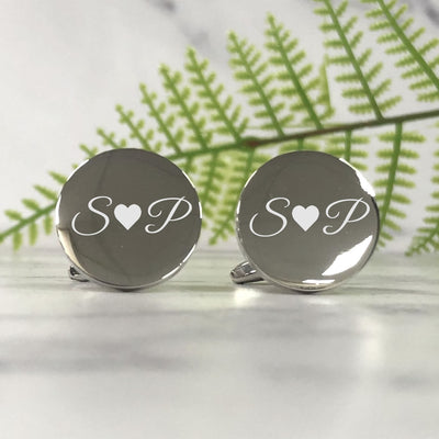 Personalised Silver Round Wedding Cufflinks - Initials & Heart