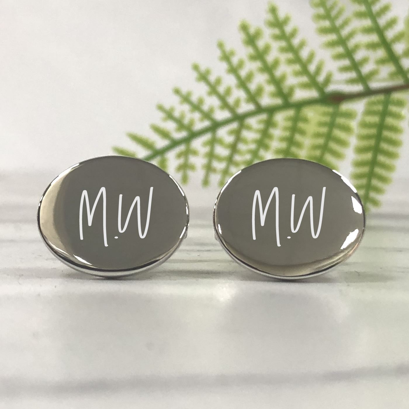 Engraved Silver Oval Cufflinks - Initials