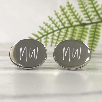 Engraved Silver Oval Cufflinks - Initials