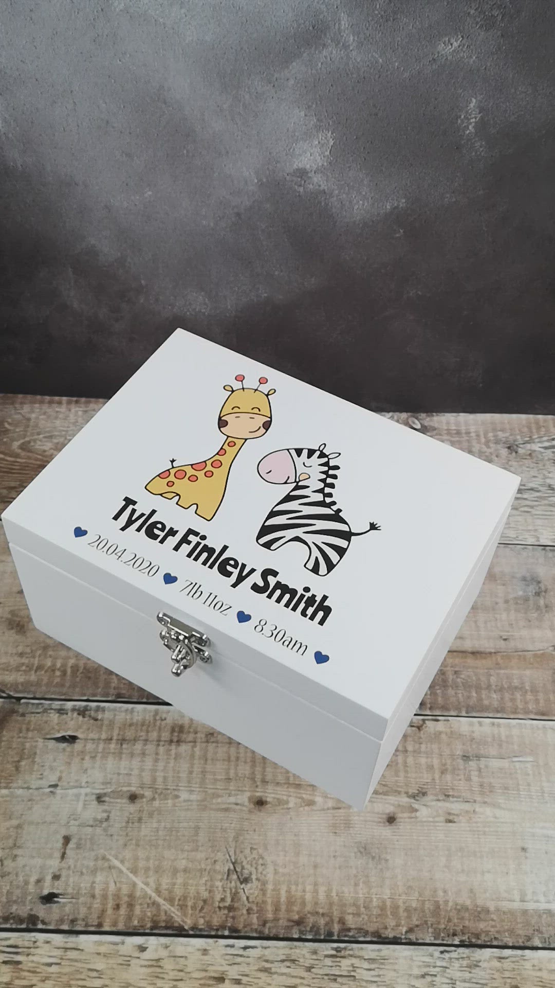 Personalised White Wooden New Baby Keepsake Box - Zoo Animals Blue Hearts