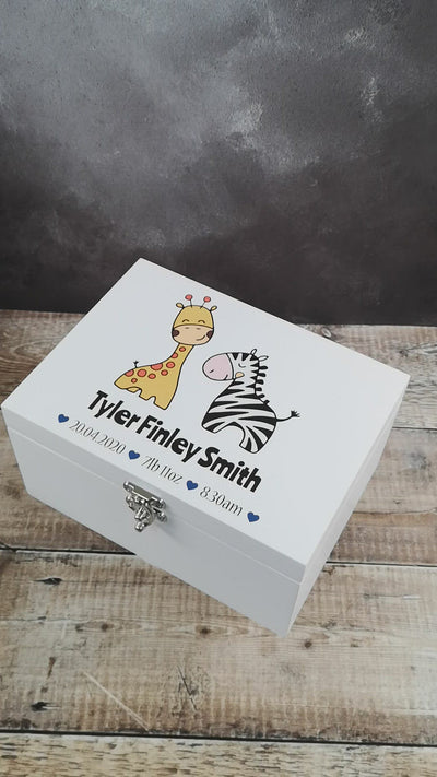 Personalised White Wooden New Baby Keepsake Box - Zoo Animals Blue Hearts