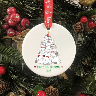 Personalised Ceramic Cat Christmas Tree Bauble - Cat's First Christmas