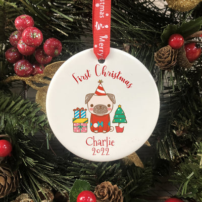 Personalised Dog's First Christmas Bauble - Pug