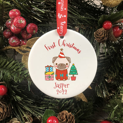 Personalised Dog's First Christmas Bauble - Pug