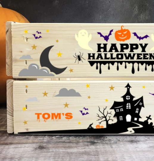 Personalised Printed Halloween Trick or Treat Crate Haunted House
