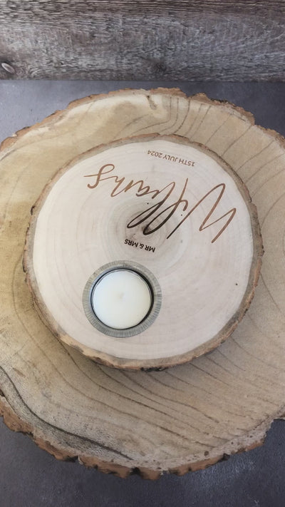 Personalised Log Slice Tealight Candle Holder - Mr & Mrs