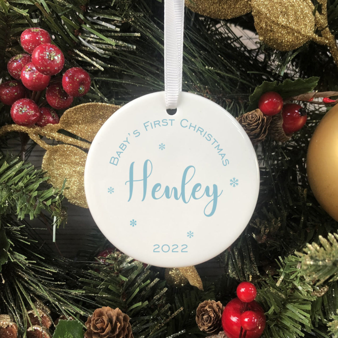 Personalised Ceramic Baby's First Christmas Bauble - Blue Script