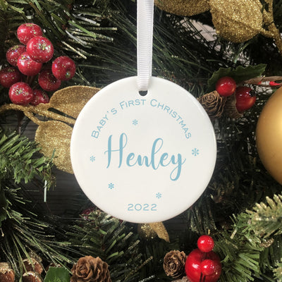 Personalised Ceramic Baby's First Christmas Bauble - Blue Script