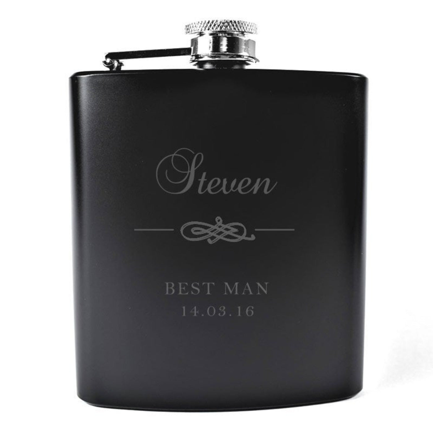 Personalised Black Wedding Hip Flask with Motif