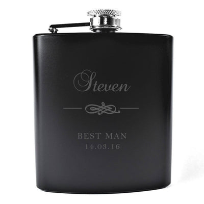Personalised Black Wedding Hip Flask with Motif