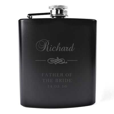Personalised Black Wedding Hip Flask with Motif