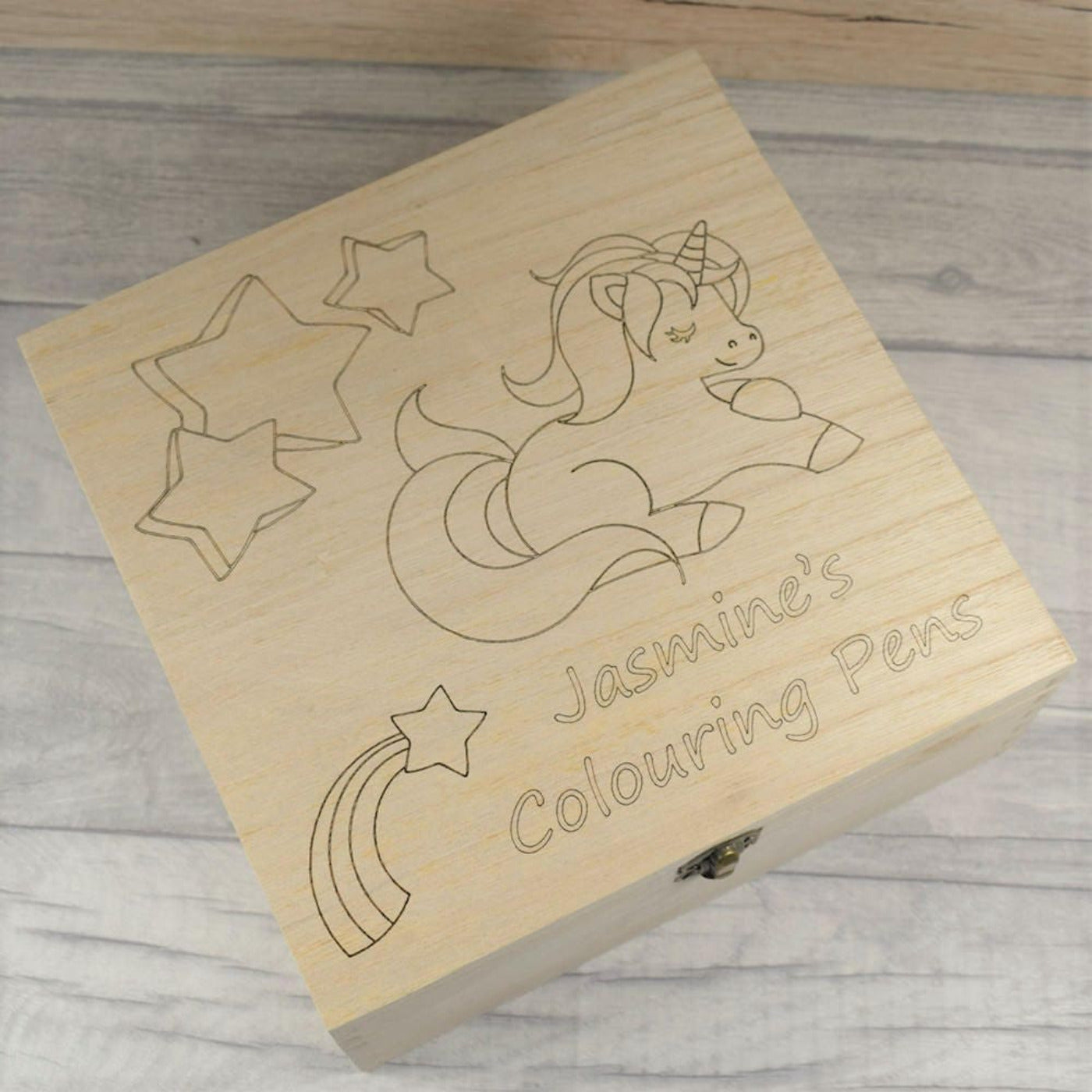 Personalised, Engraved Wooden Storage Box - Unicorn Children's Colouring In Box