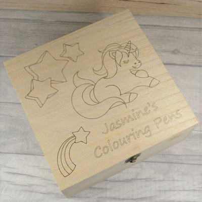 Personalised, Engraved Wooden Storage Box - Unicorn Children's Colouring In Box