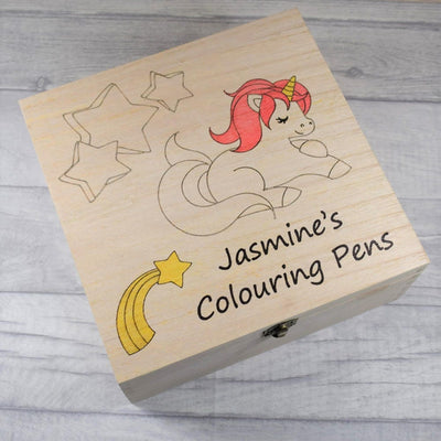 Personalised, Engraved Wooden Storage Box - Unicorn Children's Colouring In Box