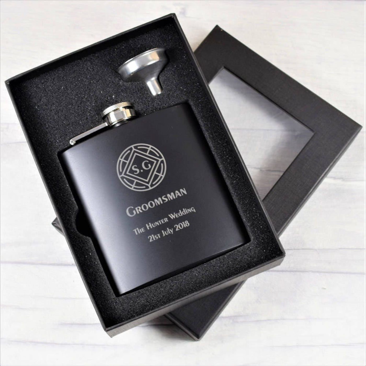 Personalised Black Wedding Hip Flask With Round Crest Design